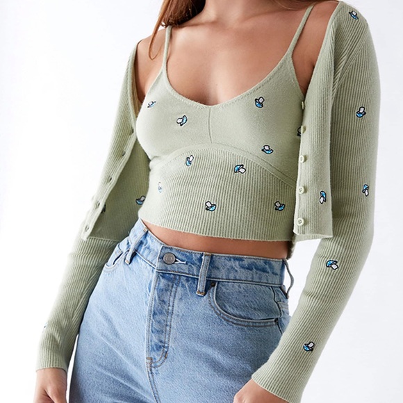 PacSun | Sweaters | Pacsun La Hearts Sage Green Mushroom Embroidered Ribbed Cardigan  Crop Sweater | Poshmark